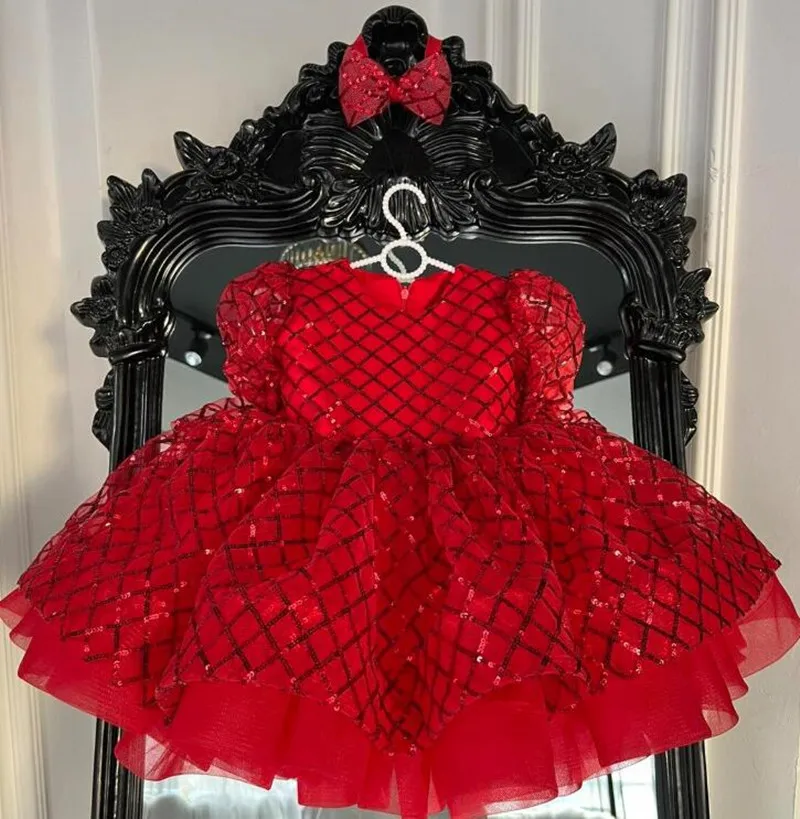 Fancy Red Tutu Baby Meitenes Dzimšanas dienas Tērpi Pilnu Piedurknēm Toddler Apģērbs 12M 24M Pirmās Komūnijas Kleita Ziemassvētku Kleita Mazulis Dāvanu Loku1