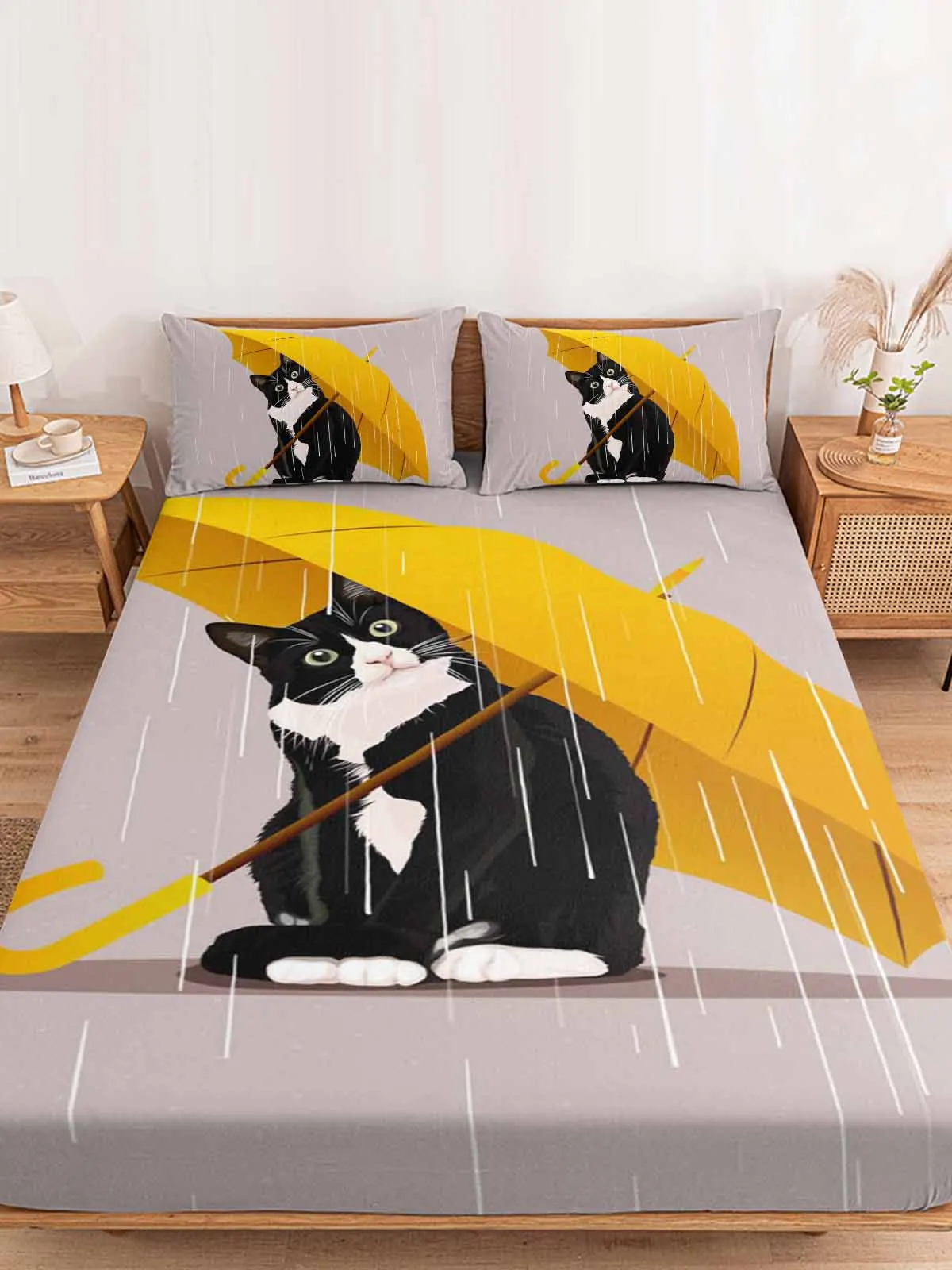 Dzeltena Lietussarga Kaķis, kas Aprīkoti palagu Segtu gumiju Anti-slip Matrača Aizsargs Viena Divvietīga King0