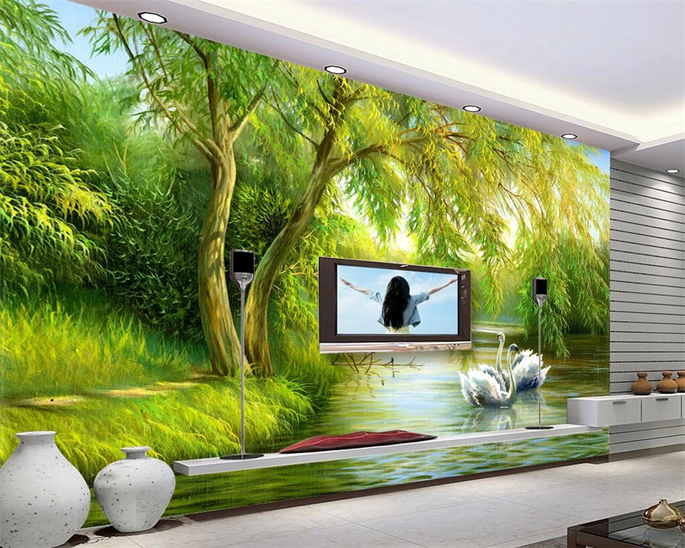 Gulbju Ezers mežā tapetes, dekoratīvā 3d dzīvojamā istaba guļamistaba fona sienas Zīda materiāla pašlīmējošas sienas materiāls2