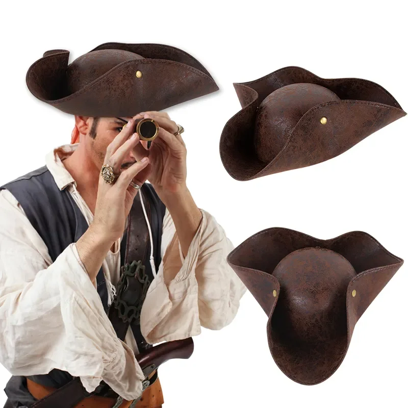 KARSTĀ Mākslīgās Ādas Brūnā Problemātisko Tricorn Pirātu Cepure Maskēties Puse Tērpu Halloween Kapteinis Cosplay Cepures Aksesuāri Cepures0