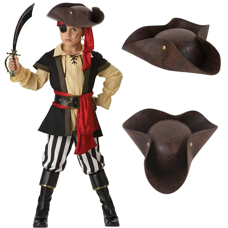 KARSTĀ Mākslīgās Ādas Brūnā Problemātisko Tricorn Pirātu Cepure Maskēties Puse Tērpu Halloween Kapteinis Cosplay Cepures Aksesuāri Cepures1