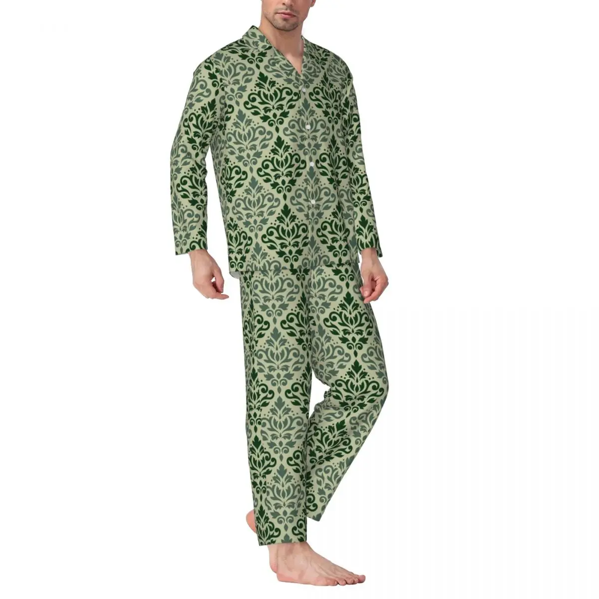 Baroka Drukāt Sleepwear Rudens Ražas Damask Vintage Lielajam Pidžamas Komplekts Cilvēks Ar Garām Piedurknēm Gudrs Atpūtas Grafiskais Naktsveļu0