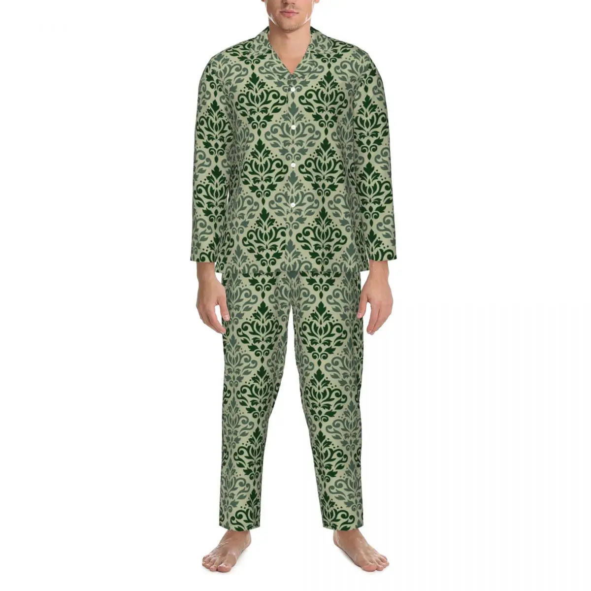 Baroka Drukāt Sleepwear Rudens Ražas Damask Vintage Lielajam Pidžamas Komplekts Cilvēks Ar Garām Piedurknēm Gudrs Atpūtas Grafiskais Naktsveļu1
