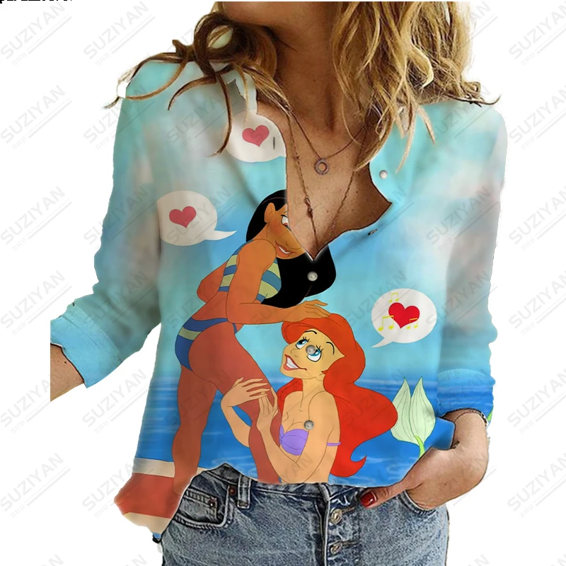 Jaunu Karstā Pārdošanas Sieviešu Pogu Krekls ar garām Piedurknēm Temperaments Disney Princess 3D Drukas Iela Sexy Gadījuma Sieviešu Šifona Kreklu1