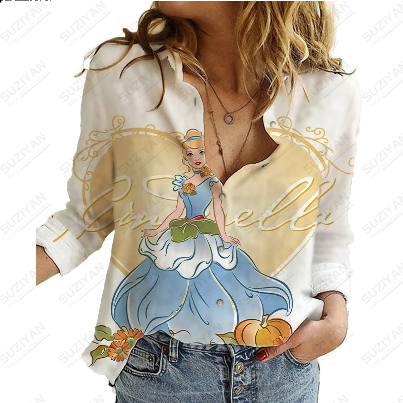 Jaunu Karstā Pārdošanas Sieviešu Pogu Krekls ar garām Piedurknēm Temperaments Disney Princess 3D Drukas Iela Sexy Gadījuma Sieviešu Šifona Kreklu3