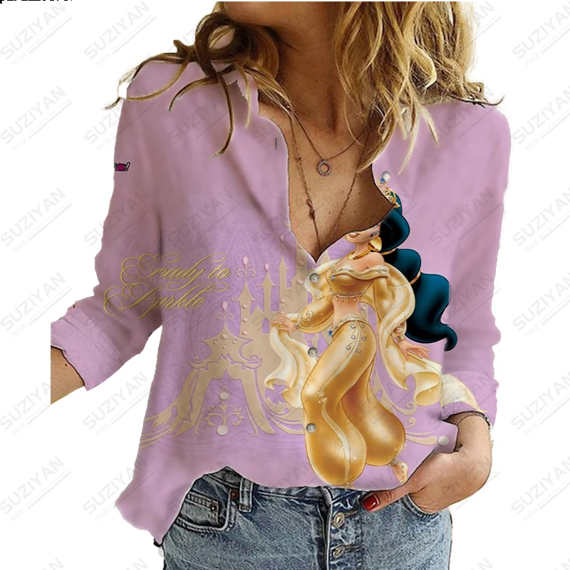 Jaunu Karstā Pārdošanas Sieviešu Pogu Krekls ar garām Piedurknēm Temperaments Disney Princess 3D Drukas Iela Sexy Gadījuma Sieviešu Šifona Kreklu5