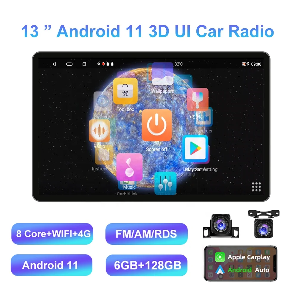 jaunākās 13.3 collu liels ekrāns, Auto DVD Atskaņotājs 2DIN Radio 2+32GB 2000*1000 GPS 4G Carplay wifi Android spēlētājs5