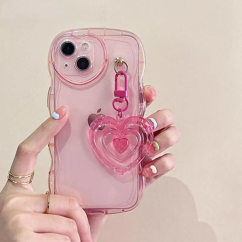 Korejas 3D Mīlestību Sirdī, Skaidrs, Telefonu Gadījumos iPhone 11 14 Plus 12 13 Pro Max XS X XR Cute Rozā Keychain Mīksta Silikona Būtiska Vāciņu0