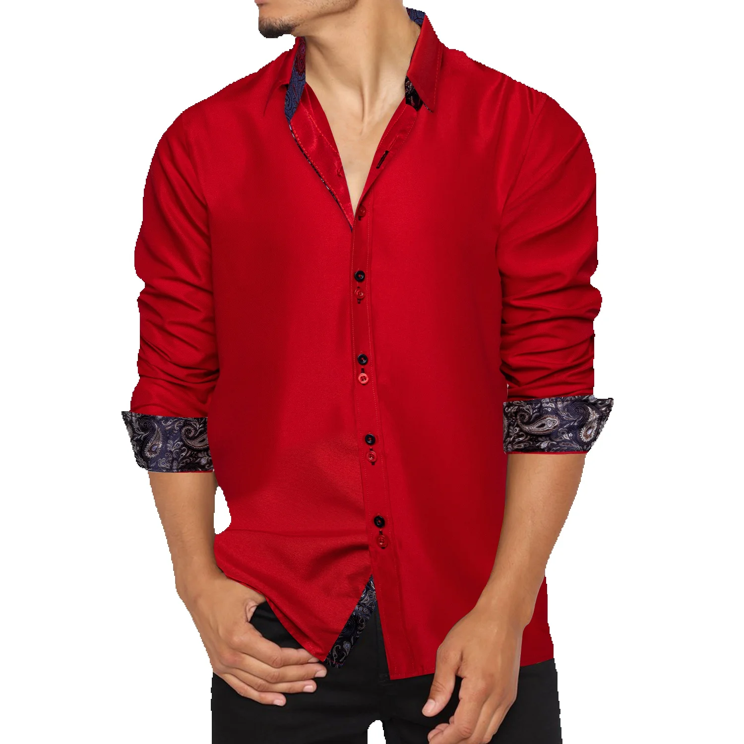 Dibangu Garām Piedurknēm Sarkans Ciets Zilā Paisley Krāsu Kontrastu Modes Kleita Krekls Poga-Apkakle Vīriešu Apģērbs0