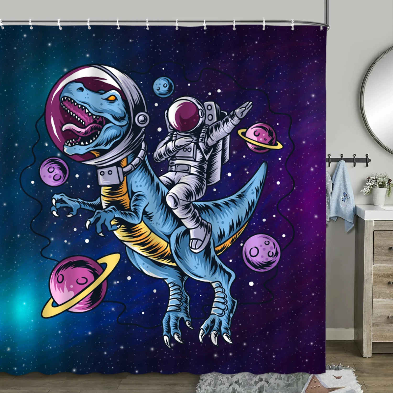 Smieklīgi Dinozauru Dušas Aizkaru, Zvaigžņota Nakts Karikatūra Astronauts Kaķis Varavīksnes Vilnis Raķešu Žilbinošas Vanna Nodalījumu, Vannas Istaba Dekori0