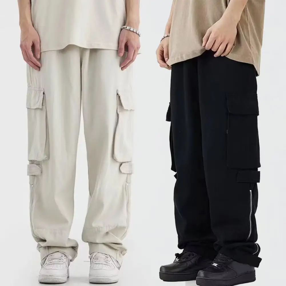 Cietie Krāsas Bikses Streetwear Vīriešu Kravas Bikses Stilīgs Loose Fit ar Vairākām Kabatām, Rāvējslēdzēju Dekoru Elastīgs Viduklis par Modernu1