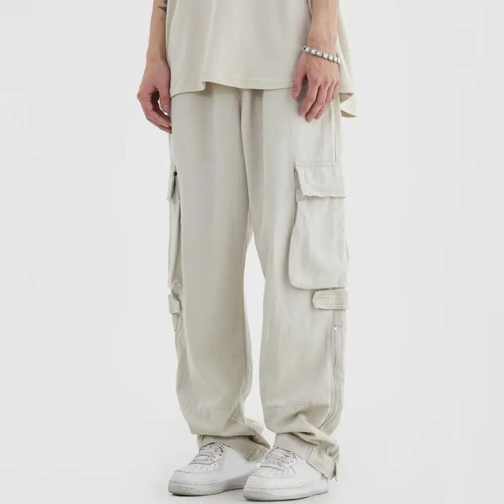 Cietie Krāsas Bikses Streetwear Vīriešu Kravas Bikses Stilīgs Loose Fit ar Vairākām Kabatām, Rāvējslēdzēju Dekoru Elastīgs Viduklis par Modernu2