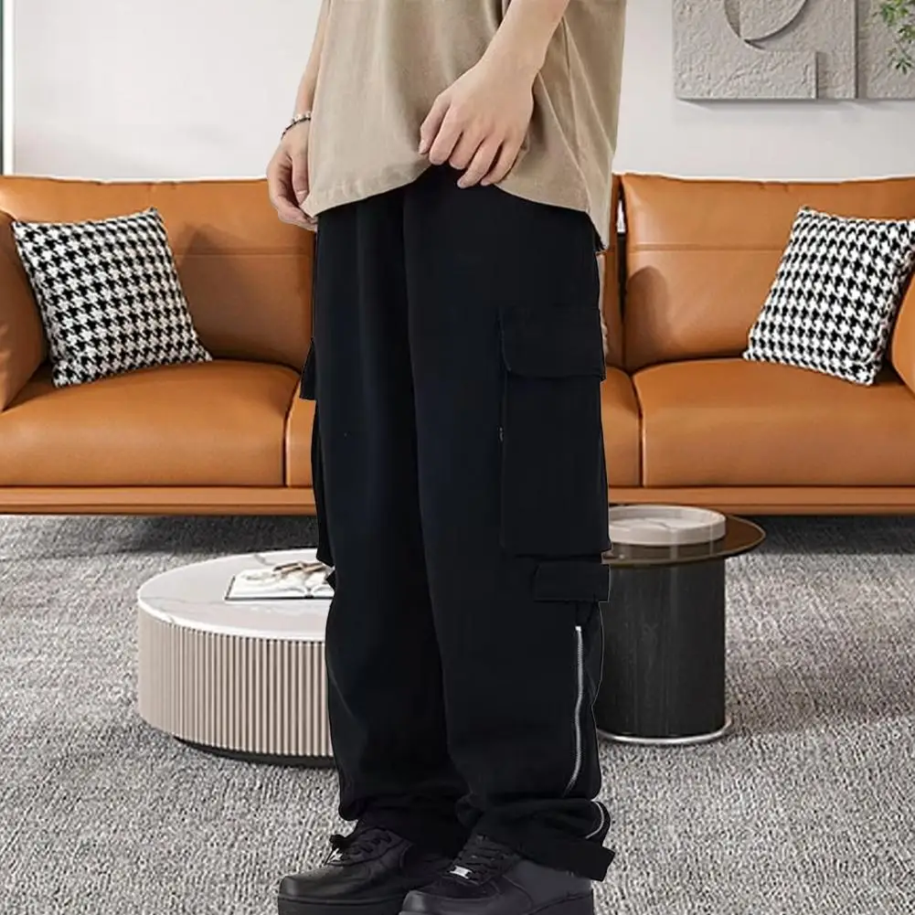 Cietie Krāsas Bikses Streetwear Vīriešu Kravas Bikses Stilīgs Loose Fit ar Vairākām Kabatām, Rāvējslēdzēju Dekoru Elastīgs Viduklis par Modernu3