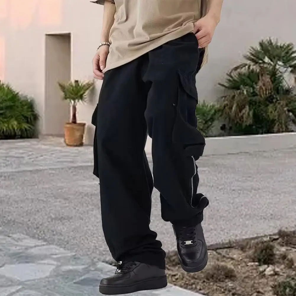 Cietie Krāsas Bikses Streetwear Vīriešu Kravas Bikses Stilīgs Loose Fit ar Vairākām Kabatām, Rāvējslēdzēju Dekoru Elastīgs Viduklis par Modernu5