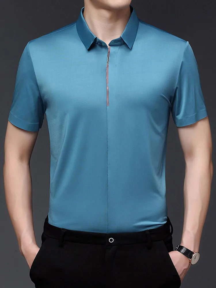 Vasaras Vīriešu Jauno Business Casual Slim Bezšuvju Plānas vienkrāsainu Kreklu Īsām piedurknēm 4 Krāsas pēc Izvēles Atdzist Elpojošs Top Vīriešiem3