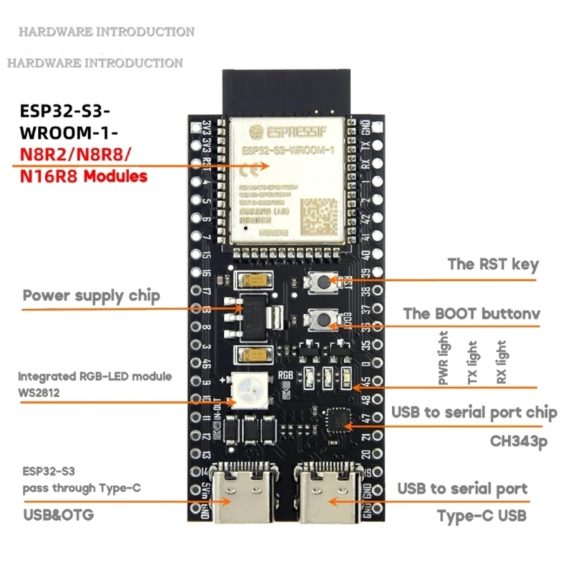 ESP32S3-DevKitC-1-N16R8 ESP32S3 Attīstības padomes ESP32S3-WROOM-1 Modulis, WiFi BLE5.0 WROOM-1-N16R8 Modulis1