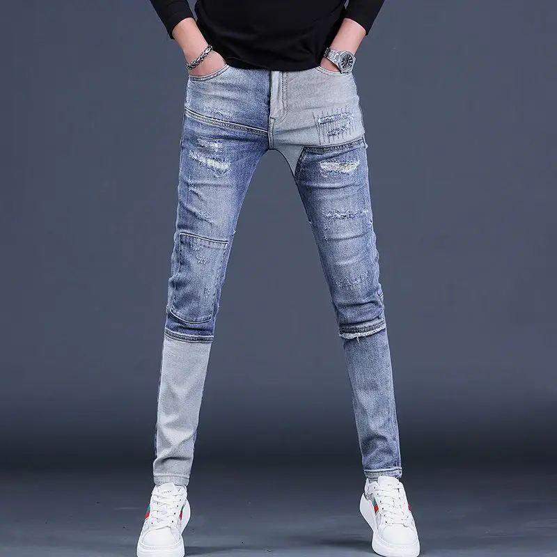 Korejas dizaineris Modes Vīriešu Luksusa Zīmola Džinsa Džinsi Hip Hop Kravas Bikses Stilīgs Vīriešu Motociklu Slim Raibs Bikses0