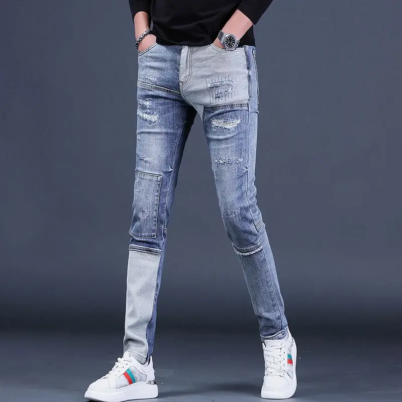 Korejas dizaineris Modes Vīriešu Luksusa Zīmola Džinsa Džinsi Hip Hop Kravas Bikses Stilīgs Vīriešu Motociklu Slim Raibs Bikses1