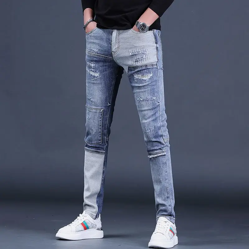 Korejas dizaineris Modes Vīriešu Luksusa Zīmola Džinsa Džinsi Hip Hop Kravas Bikses Stilīgs Vīriešu Motociklu Slim Raibs Bikses2