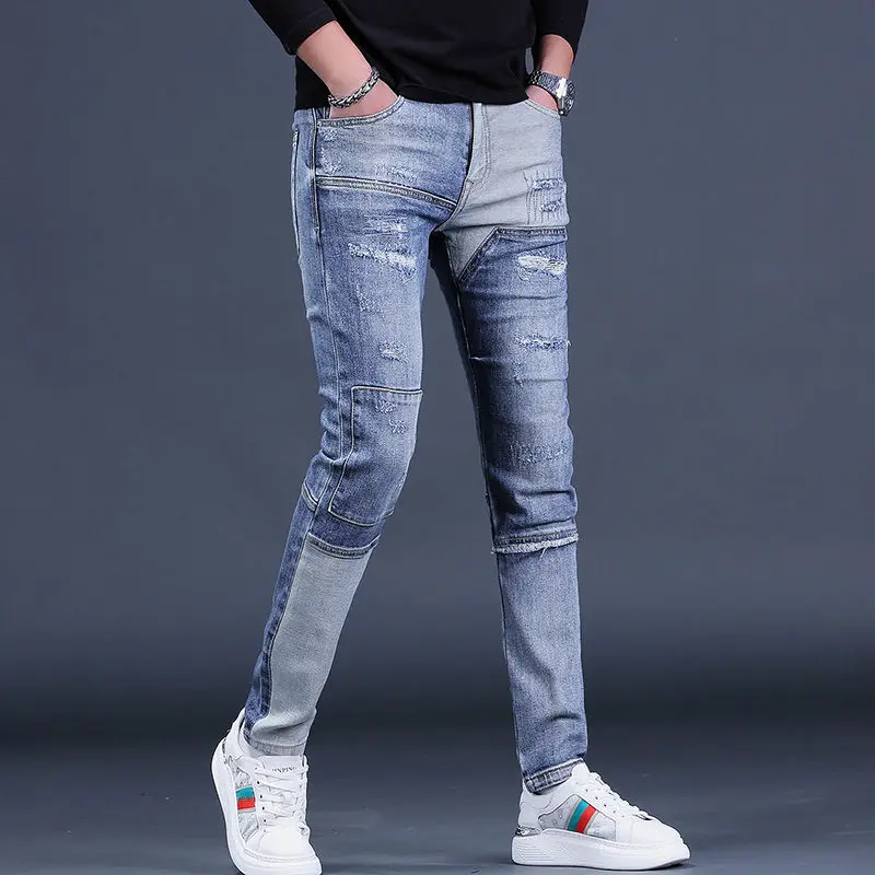 Korejas dizaineris Modes Vīriešu Luksusa Zīmola Džinsa Džinsi Hip Hop Kravas Bikses Stilīgs Vīriešu Motociklu Slim Raibs Bikses3