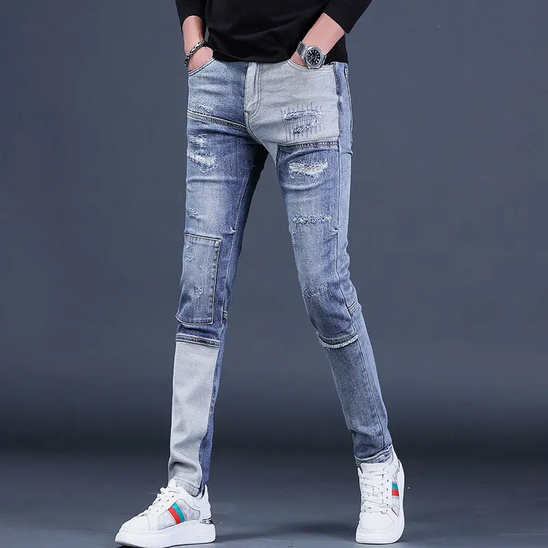 Korejas dizaineris Modes Vīriešu Luksusa Zīmola Džinsa Džinsi Hip Hop Kravas Bikses Stilīgs Vīriešu Motociklu Slim Raibs Bikses5