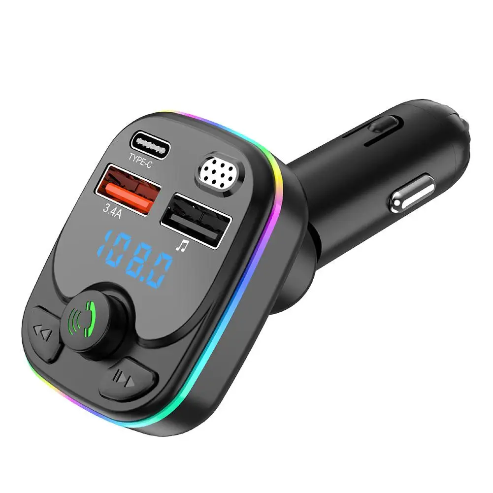 Automašīnu Ātrās Uzlādes Bluetooth 5.0 FM Raidītājs PD 28W Dual USB 3.4 Krāsains Apkārtējās Gaismas piepīpētāja MP3 Mūzikas Atskaņotājs2