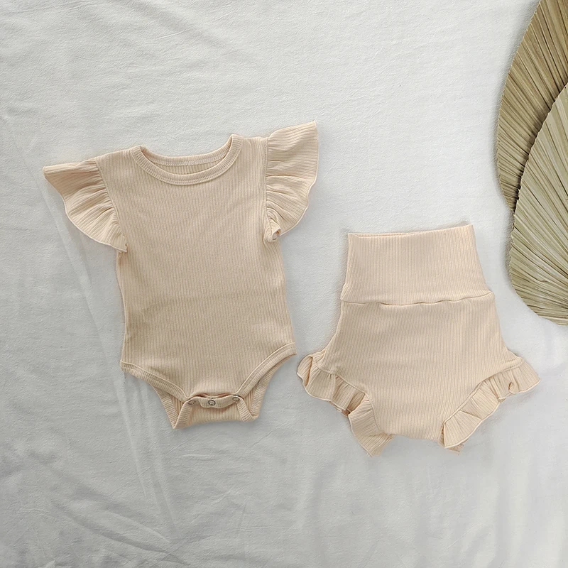 2GAB Baby Girl Apģērbu Vasaras Zīdaiņu Ribas Kokvilnas Savirmot Peld Piedurknēm Romper Augstās Jostasvietas Bikses Set Baby Meitenes Apģērbu Conjuntos3
