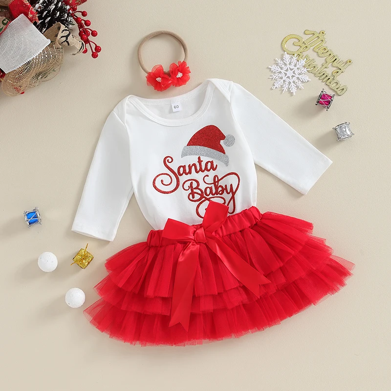 Baby Girl Ziemassvētku Tutu Kleita ar garām Piedurknēm Santa Bodysuit Tilla Svārki ar Galvu Toddler Ziemassvētki Apģērbs, Komplekts4