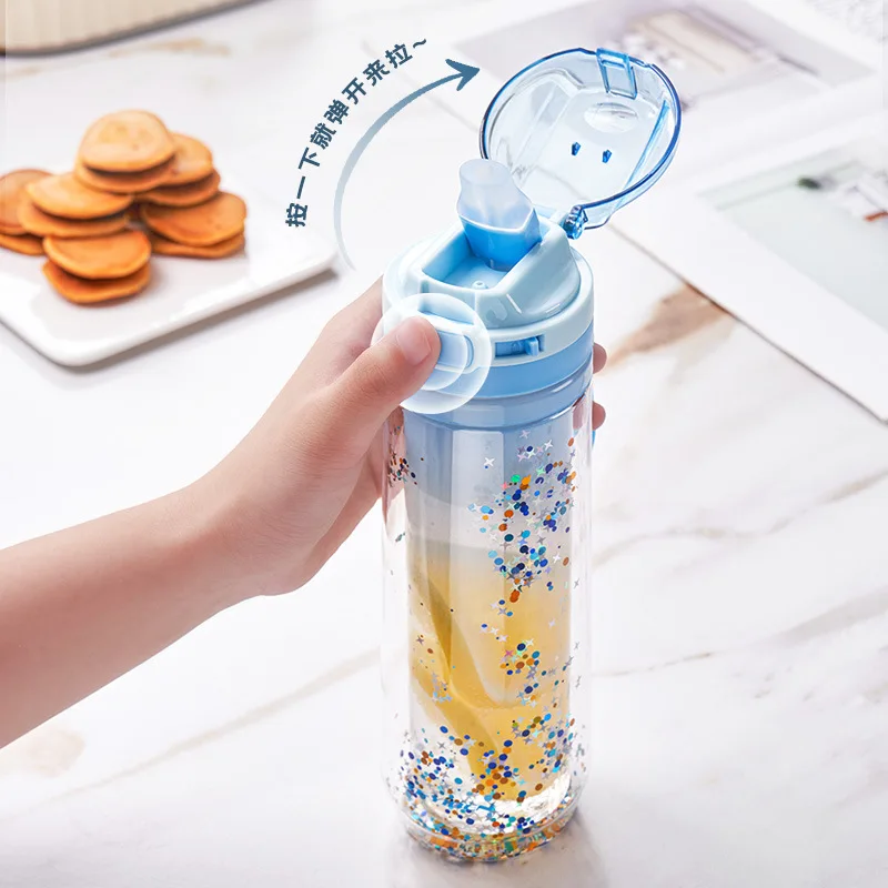 430ML Portatīvo Ūdens Pudele ar Vizuļi Dubultā Slāņa Izolācijas BPA Free Plastmasas Ūdens Kausa Leakrproof Dzeramā Pudele2