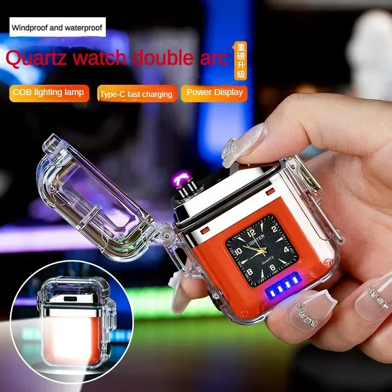 Dual Loka Plazmas Ūdensizturīgs Vieglāks Skatīties Pārredzamu Lādējamu USB Lukturīti Flameless Pretvēja Šķiltavas Āra Kempings1