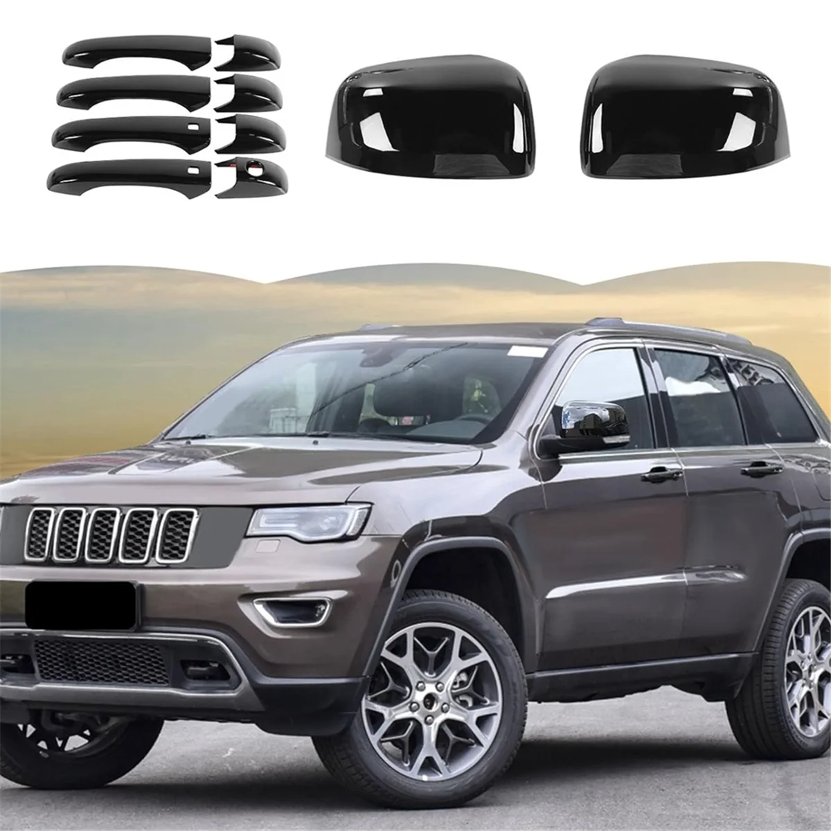 Jeep Grand Cherokee 2014. - 2020. Gadam Automašīnas Atpakaļskata Spoguļa Vāciņš Melns + Astes Gaismas Lampa Vāks + Ārējie Durvju Roktura Apdare4