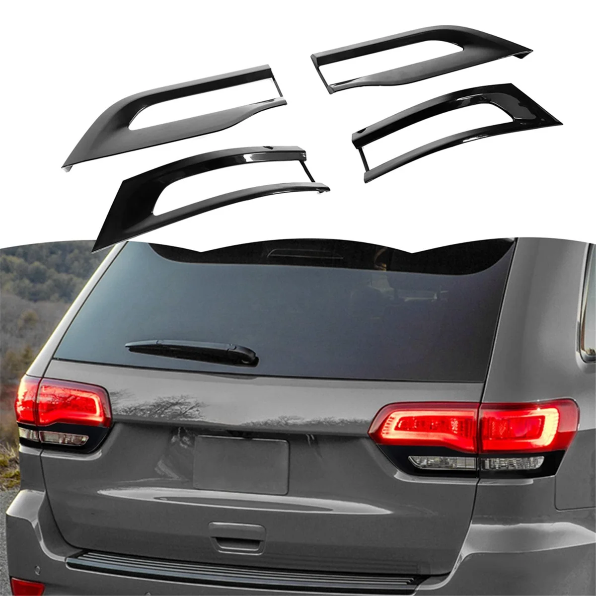 Jeep Grand Cherokee 2014. - 2020. Gadam Automašīnas Atpakaļskata Spoguļa Vāciņš Melns + Astes Gaismas Lampa Vāks + Ārējie Durvju Roktura Apdare5