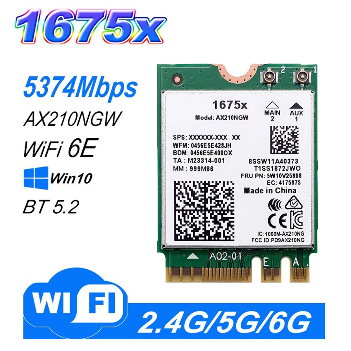 Intel 1675X WiFi Karte+2X8DB Antenas AX210NGW AX1675X Wi-Fi 6E 2.4 G 5G 6G 5374Mbps BT 5.2 M. 2 NGFF WiFi3