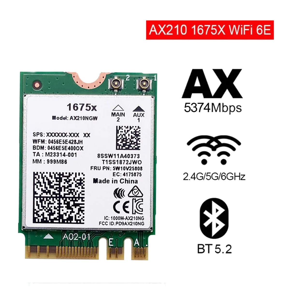 Intel 1675X WiFi Karte+2X8DB Antenas AX210NGW AX1675X Wi-Fi 6E 2.4 G 5G 6G 5374Mbps BT 5.2 M. 2 NGFF WiFi4