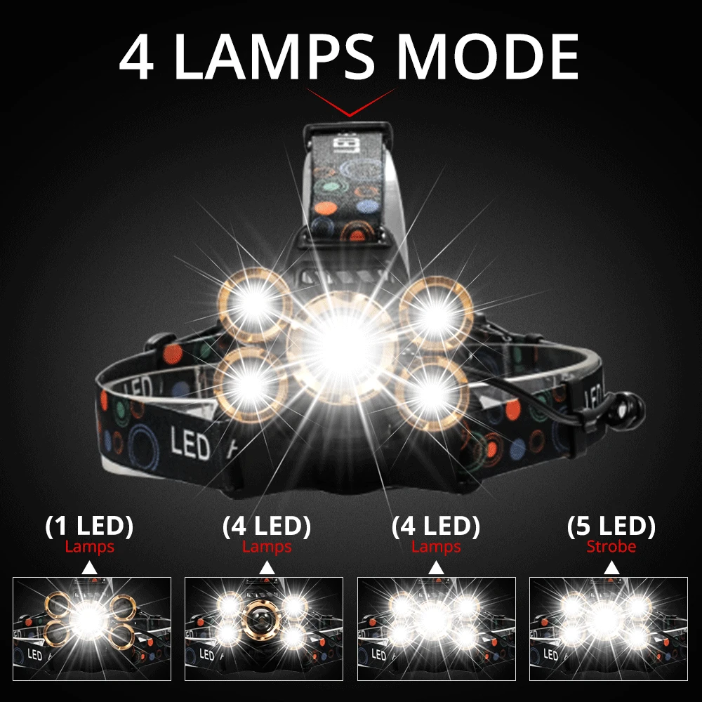 ZK40 Spēcīgs LED Lukturis lukturis 5LED Galvas Lampas 8000lumens Lāpu galvas gaismas 18650 akumulatoru Labākais Kempings/zvejas3