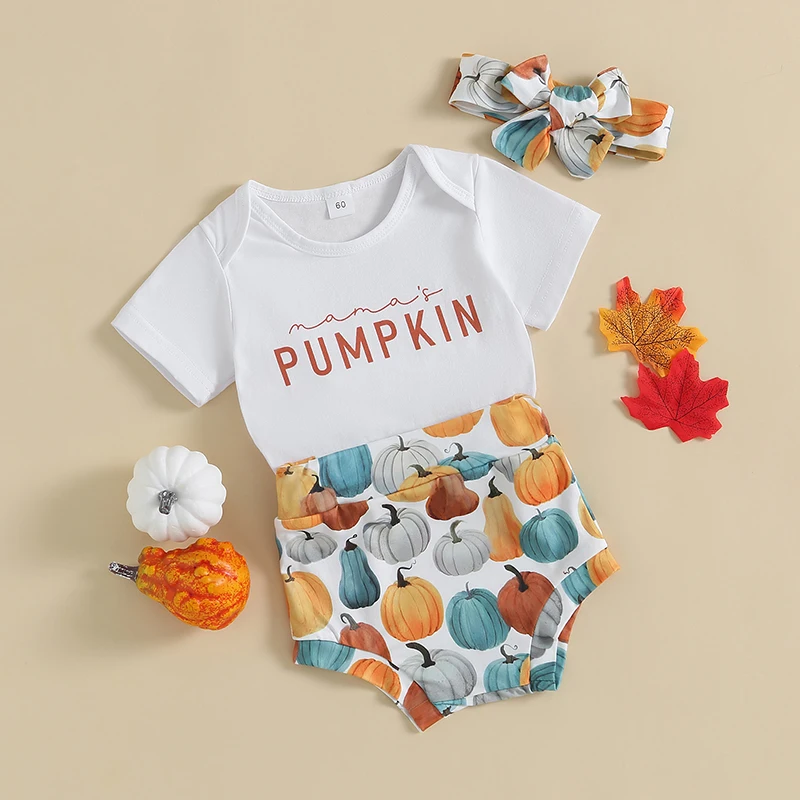 Baby Meitenes Halloween Drēbes, Uzstādīt Zīdaiņu Vēstuli Izdrukāt Īsām Piedurknēm Romper Topi un Ķirbju Drukāt Bikses + Galvas Gudrs 3 Gabali1