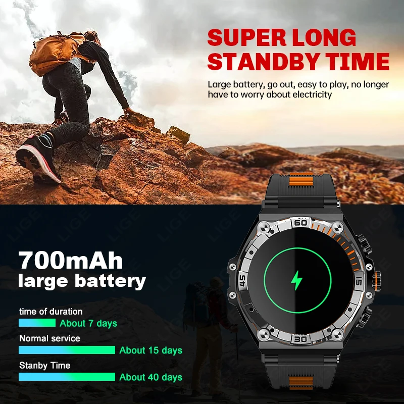 LIGE 700 mAH Akumulators AMOLED Smart Skatīties Vīrieši HD Ekrānu, Bluetooth Zvanu Sporta Fitnesa Pulksteņi IP68 Ūdensnecaurlaidīga Smartwatch Par Xiaomi2