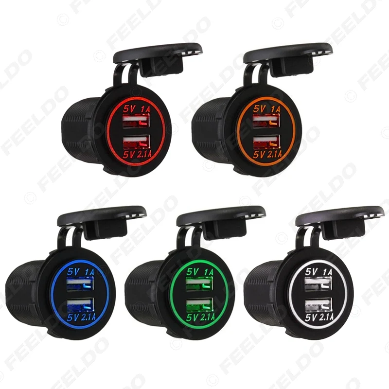 FEELDO Auto Dual USB Lādētāja Kontaktligzda ar zemējuma kontaktu Adapteris Ar LED Gaismas 5V 3.1 Motociklu Auto Kravas automašīnas piepīpētāja Laivu5