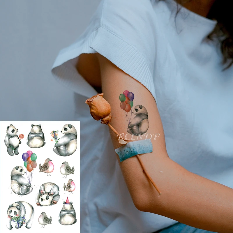 Ūdensnecaurlaidīgus Pagaidu Tetovējumu Uzlīmes Karikatūra Panda Putnu Bolloon Konfekte Viltus Tatto Flash Tetovējums Kāja Mākslas Sievietēm Vīriešiem2