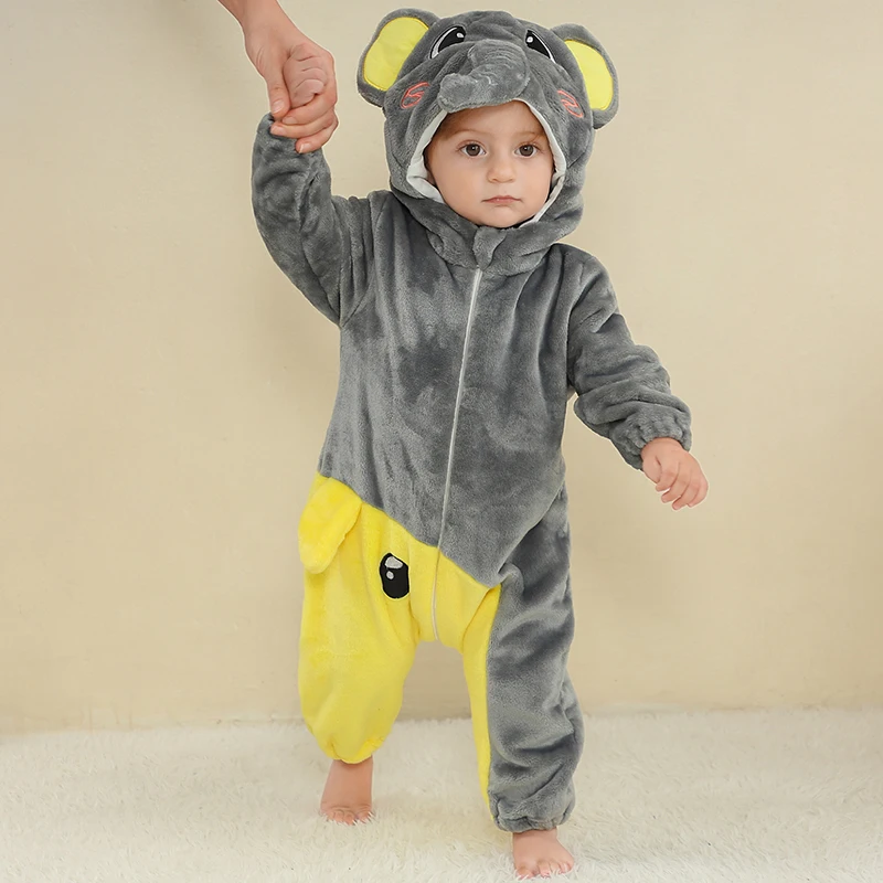 MICHLEY Halloween Ziloņu Ziemas Bērnu Kombinezonus Drēbes Kostīmu Flaneļa Kapuci Bodysuits Pidžamu Dzīvniekiem Jumpsuit Zēniem Bebe5