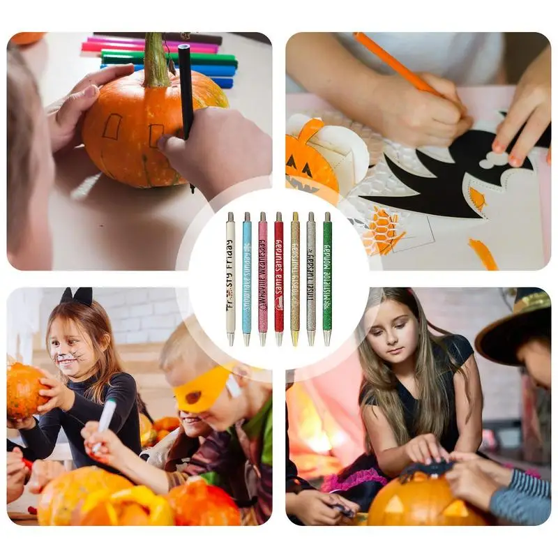 Halloween Darba Dienu Mirdzēt Pildspalvu Komplekts 7 Gab Dienas Nedēļā Spooky Pildspalvas Gudrs Metāla Spīdums Gēla Pildspalva Šausmu Skolas Piederumi Modes2