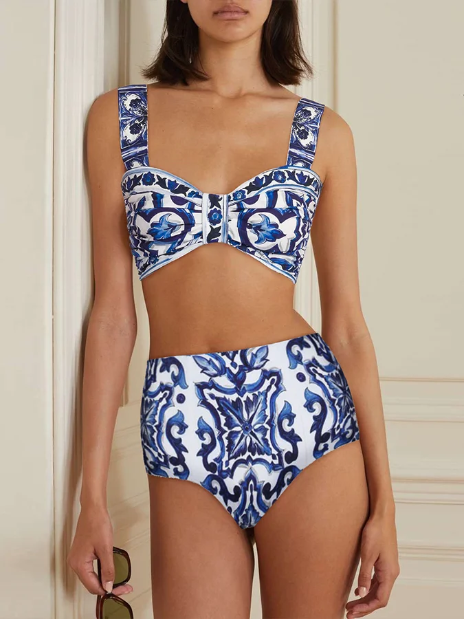 Zila Šiks Drukāt Bikini Komplekts un uz Augšu, Modes Augsta Vidukļa Sadalīt Peldkostīmu Sieviešu Luksusa Peldēšanas peldkostīms, Beachwear 20241