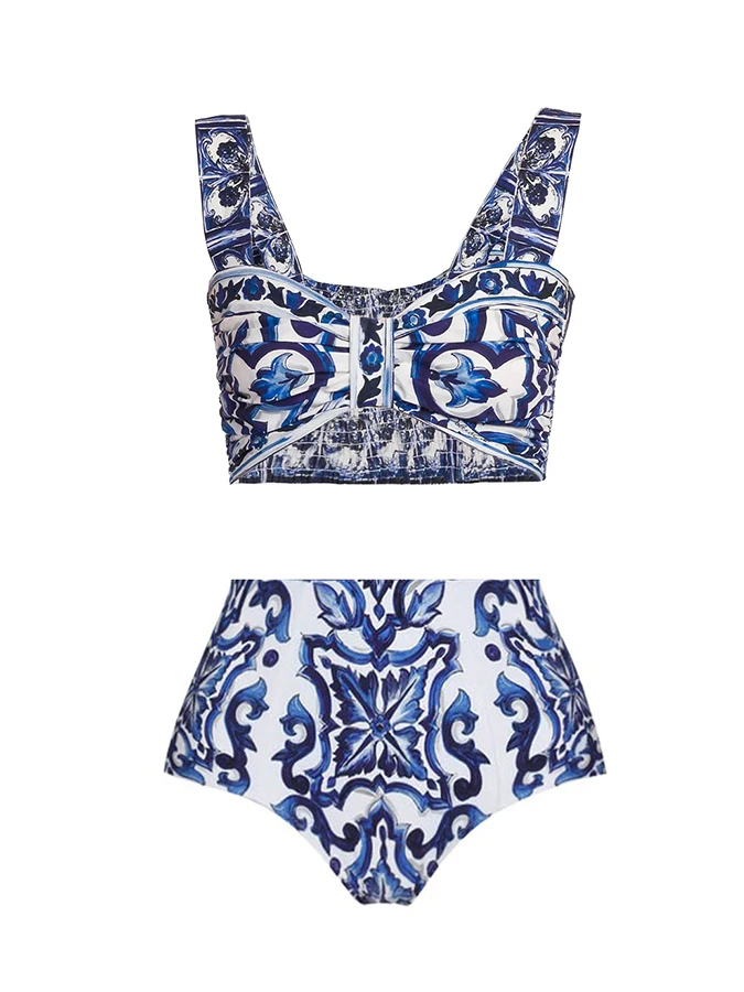 Zila Šiks Drukāt Bikini Komplekts un uz Augšu, Modes Augsta Vidukļa Sadalīt Peldkostīmu Sieviešu Luksusa Peldēšanas peldkostīms, Beachwear 20244